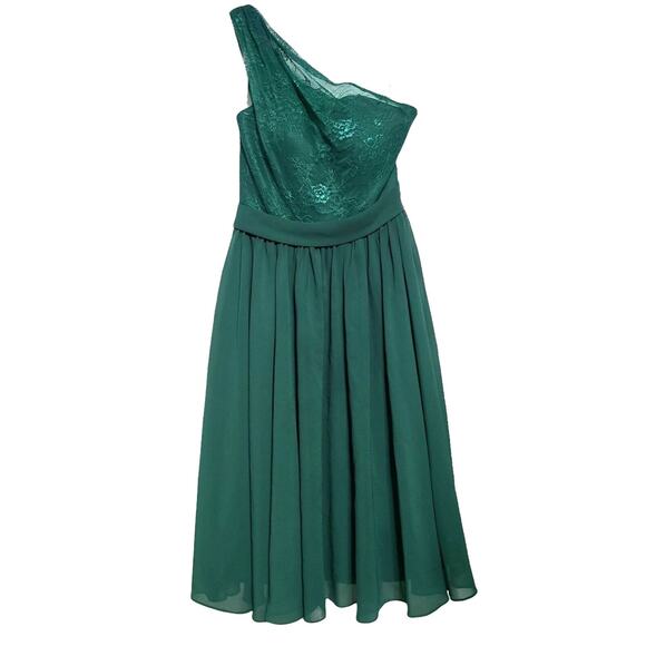 Dresses & Skirts - Azazie One Shoulder A-Line Midi Dress Lace Bodice Flowy Lined Green Festive